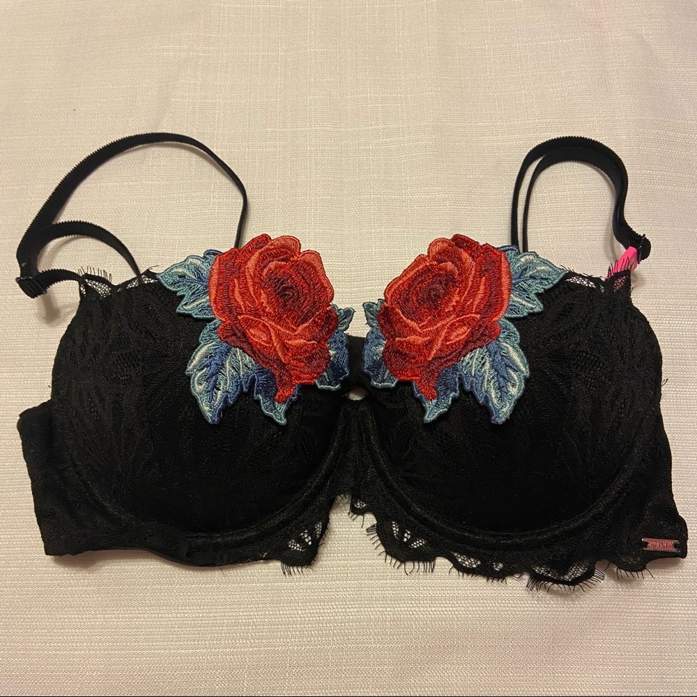 Victoria Secret PINK black bra with embroidered roses push up bra